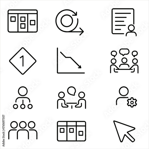 Agile Scrum Icon Set. Outline icon set of agile scrum: scrum board, sprint cycle, stand-up meeting, backlog