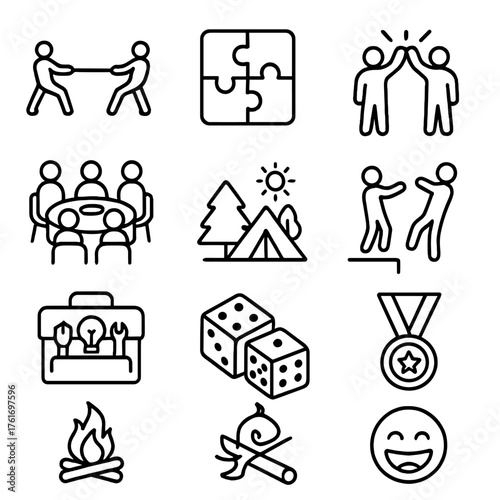 Team Building Icons. Outline icon set of team building activities: tug of war, puzzle pieces, group high-five,