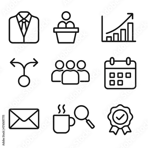 Набор иконок лидерства. Outline icon set of executive leadership: suit tie icon, podium, chart growth,