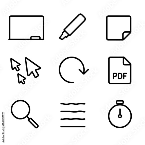 Virtual Whiteboard Icons. Outline icon set of virtual whiteboarding: whiteboard icon, marker pen, eraser,