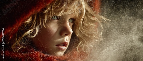 Childlike awe: experiencing snow's beauty for the first time. Designer fashion. Joyful child in a light blue coat welcomes their first snowfall. High-class shoot. Rich texture.