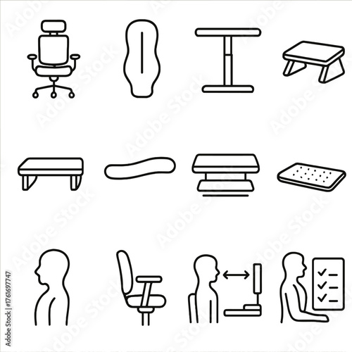 Ergonomic Furniture Icons. Outline icon set of ergonomic furniture: adjustable chair, lumbar support,