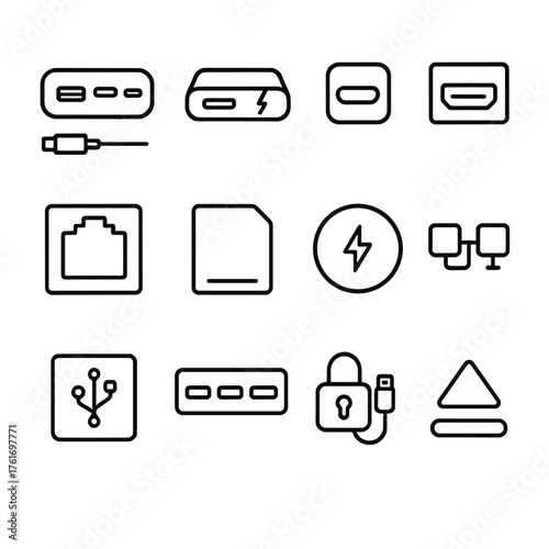Docking Icons Grid. Outline icon set of docking and hubs: USB-C dock, Thunderbolt hub, HDMI port, DisplayPort,