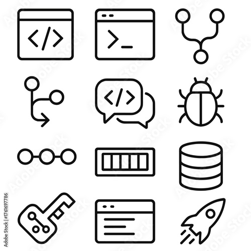Developer Tools Icons Grid. Outline icon set of code and dev tools: code editor, terminal, git branch, pull