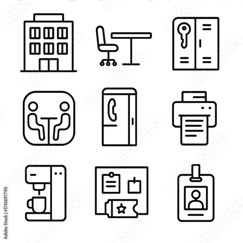 Coworking Icon Set. Outline icon set of coworking setup: coworking building, hot desk, locker key, day pass,