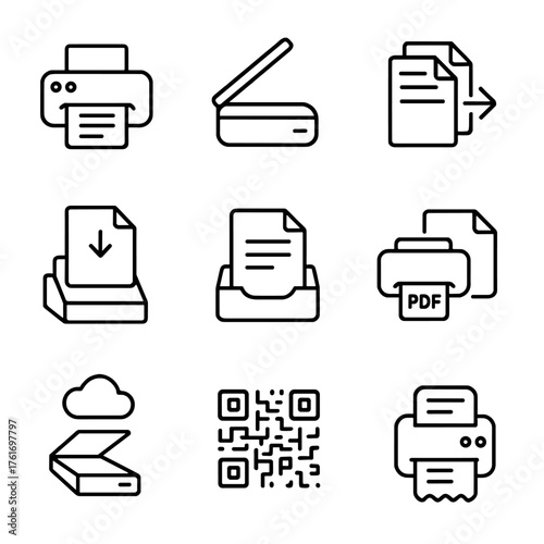 Printing and Scanning Icons. Outline icon set of printing and scanning: printer, scanner, print queue, page