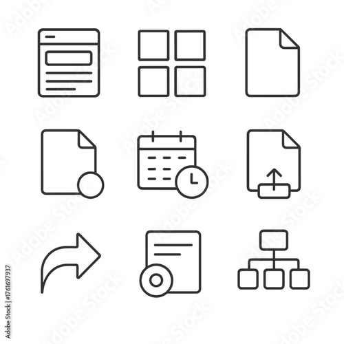 CMS Icon Grid. Outline icon set of content management: CMS page, block, component, template, draft, schedule,