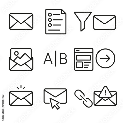Email Marketing Icons. Outline icon set of email marketing: newsletter envelope, subscriber list, segment