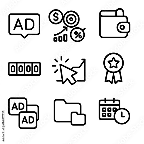 SEM Icon Set. Outline icon set of SEM advertising: ad badge, keyword bid, budget wallet, CPC tag, impressions