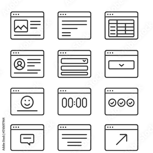 Landing Page Icons. Outline icon set of landing pages: hero section, subheadline, feature list, pricing table,