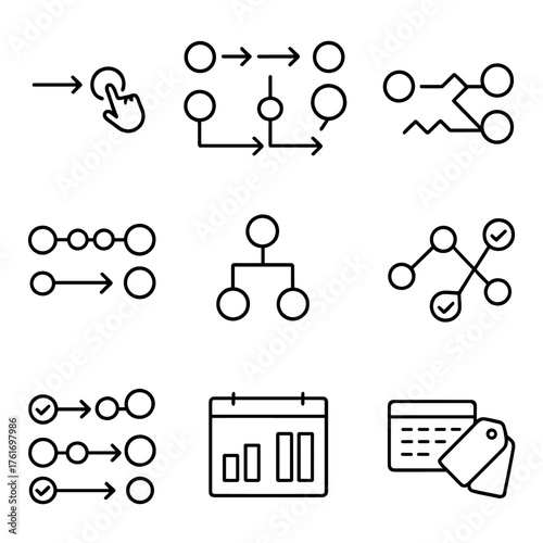Attribution Model Icons. Outline icon set of attribution models: first click, last click, linear model, time