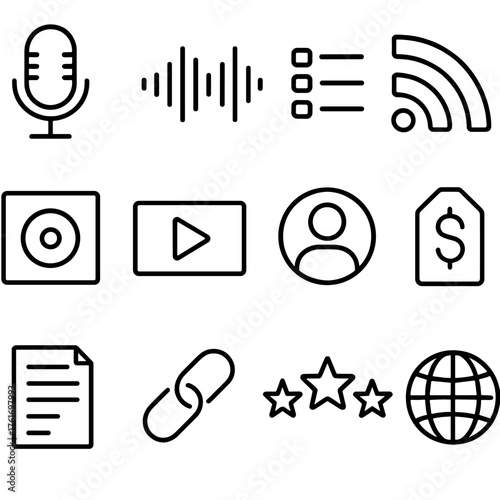 Podcast Marketing Icons. Outline icon set of podcast marketing: microphone, audio wave, episode list, RSS feed