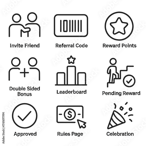 Referral Program Icons. Outline icon set of referral programs: invite friend, referral code, share link,