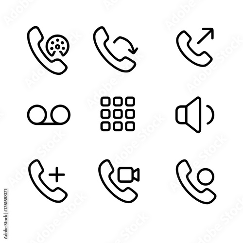 Phone Call Icons. Outline icon set of voice and calling: phone dial, call incoming, call outgoing, missed call