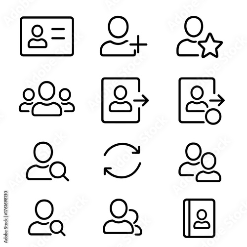 Contacts Icon Set. Outline icon set of contacts and address book: contact card, add contact, edit contact,