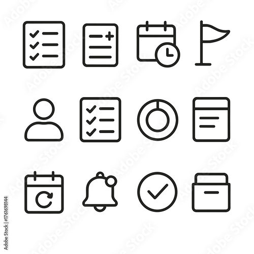 Task Icons Grid. Outline icon set of tasks and productivity: task list, new task, due date, priority flag,