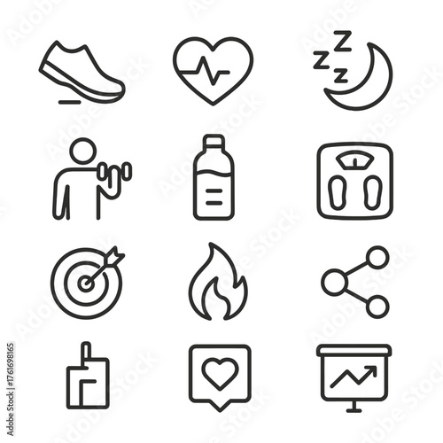 Fitness Icon Grid. Outline icon set of fitness and health: steps, heart rate, sleep, calories, workout, water