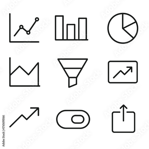 Analytics Icon Grid. Outline icon set of analytics and charts: line chart, bar chart, pie chart, donut chart,