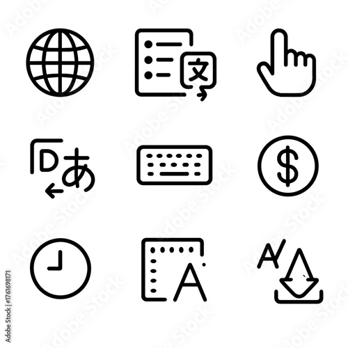 Language Localization Icons. Outline icon set of language and localization: globe, language list, translate,