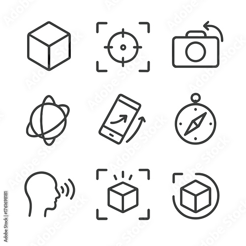 AR Sensor Icon Grid. Outline icon set of AR and sensors: AR cube, placement reticle, camera move, gyroscope,