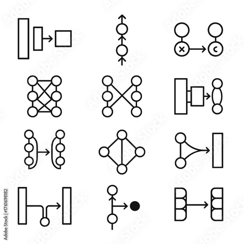 Neural Network Icons. Outline icon set of neural architectures: CNN, RNN, LSTM, GRU, transformer, autoencoder,