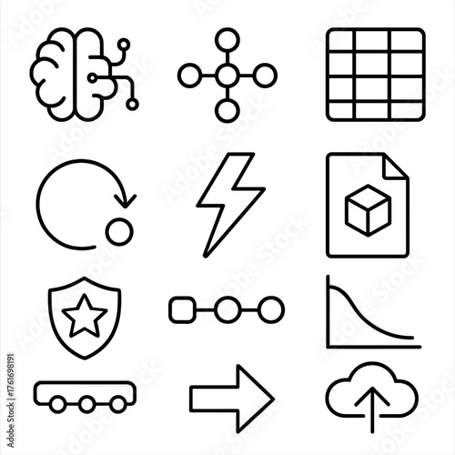 AI Icon Set. Outline icon set of AI basics: AI brain, neural node, algorithm gear, dataset table, training