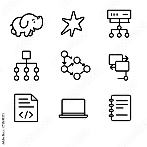 Big Data Icons Grid. Outline icon set of big data processing: Hadoop, Spark, cluster manager, job tracker,