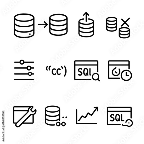 Database Icon Grid. Outline icon set of managed SQL databases: DB instance, read replica, primary node,