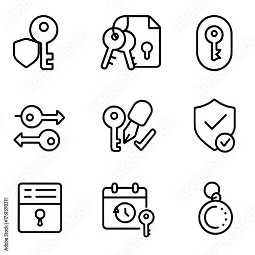 Key Management Icons. Outline icon set of key management: KMS key, key ring, key policy, key alias, encrypt