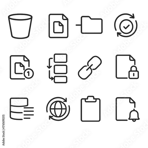 Object Storage Icons. Outline icon set of object storage: bucket, object file, prefix folder, lifecycle rule,
