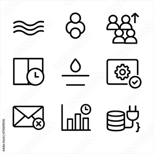 Stream Processing Icons Grid. Outline icon set of stream processing: stream, topic, consumer group, producer,