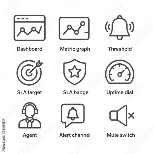 Monitoring Icon Set. Outline icon set of monitoring and metrics: dashboard, metric graph, alarm bell,