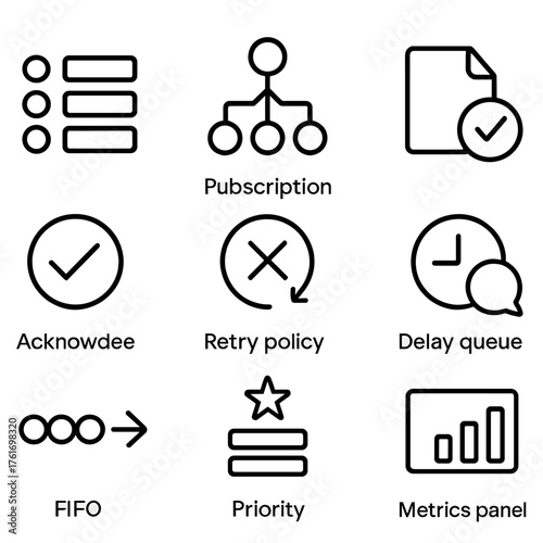 Messaging Icons Set. Outline icon set of messaging and queues: queue, pub/sub topic, subscription, message,