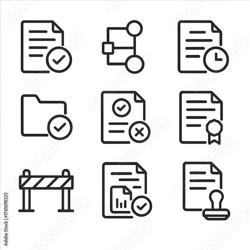 Compliance Icon Set. Outline icon set of compliance and governance: policy pack, control baseline, benchmark