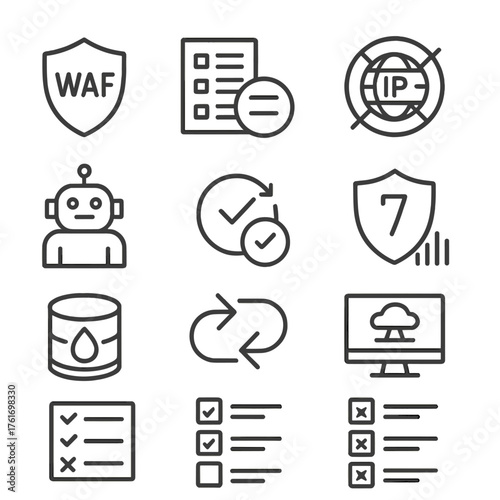 Cybersecurity Icons Grid. Outline icon set of WAF and DDoS: WAF shield, rule set, IP block, rate limit, bot