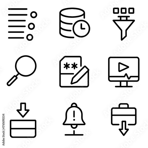 Logging Analytics Icons. Outline icon set of logging and analytics: log stream, log group, retention policy,