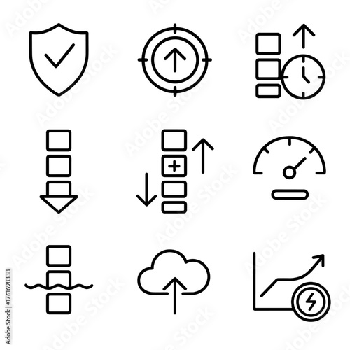 Auto Scaling Icon Set. Outline icon set of auto scaling: scaling policy, target tracking, step scaling,