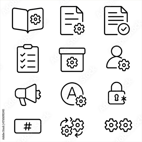 Configuration Icons Grid. Outline icon set of configuration management: playbook, manifest, recipe, desired