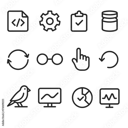 CI_CD Pipeline Icons. Outline icon set of CI/CD pipelines: source repo, build, test, artifact, registry,