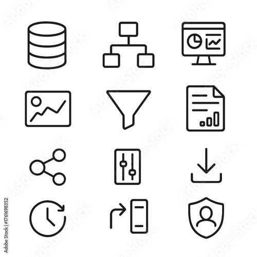 Набор иконок аналитики. Outline icon set of analytics and BI: dataset, semantic model, dashboard, report, KPI