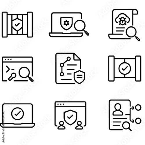 DevSecOps Icon Grid. Outline icon set of DevSecOps: policy gate, SAST, DAST, IaC scan, secret scan, SBOM