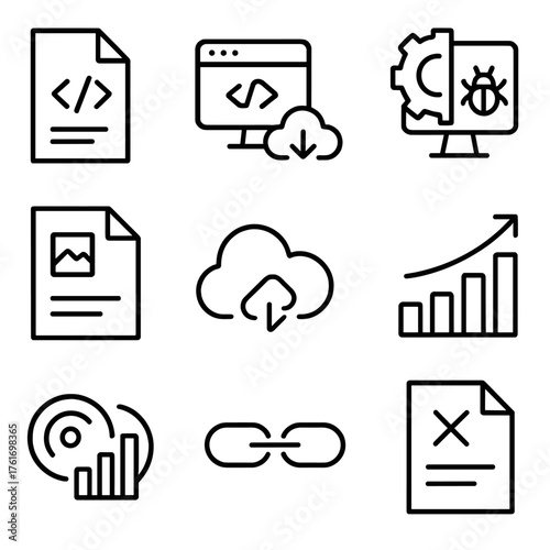 API Lifecycle Icons. Outline icon set of API lifecycle: design spec, mock server, codegen, testing,