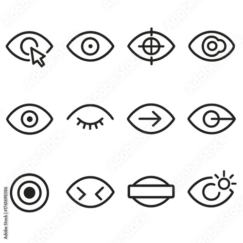 Eye Tracking Icons. Outline icon set of eye tracking: gaze cursor, foveated area, calibration target, heatmap,