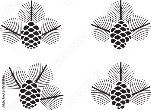 Cedar or pine cones on branches with needles. Vector black illustrations set isolated on white background