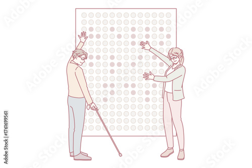 Blind people learn braille alphabet on board in school together. Man and woman communicate read use symbols sign language. Flat vector illustration.