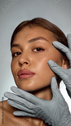 Fotografía Doctor hands in gloves touching woman face symbolizing care and confidence in skin health