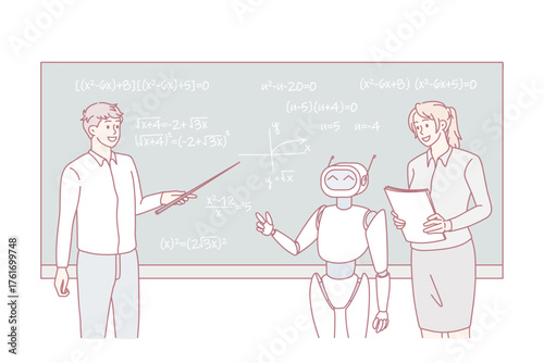 Modern robot and teachers study at blackboard in classroom of university. Artificial intelligence and innovation concept. Digital science teaching bot. Technology concept. Vector illustration.