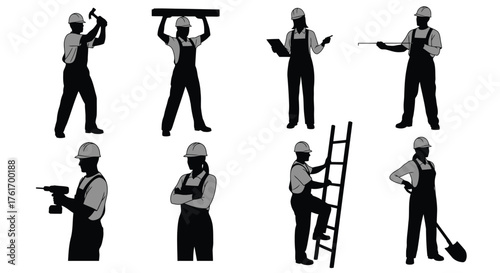 Silhouette of a female construction worker in various poses isolated on white background