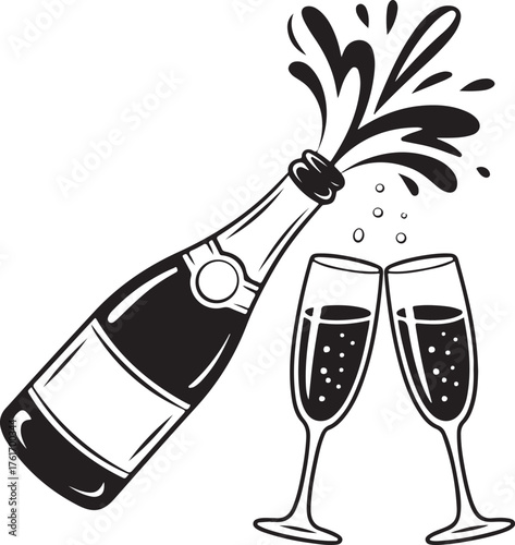 Popping bottle of champagne with cork flying out and pair of clinking glasses. Vector illustration