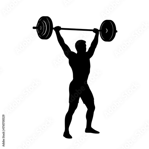 Silhouette of man lifting barbell overhead, weightlifting and power training exercise, isolated on transparent background